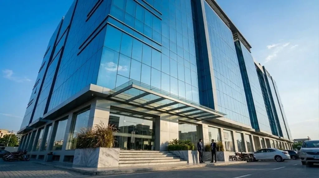 Modern glass commercial office tower with professional entrance and landscaped exterior in Islamabad