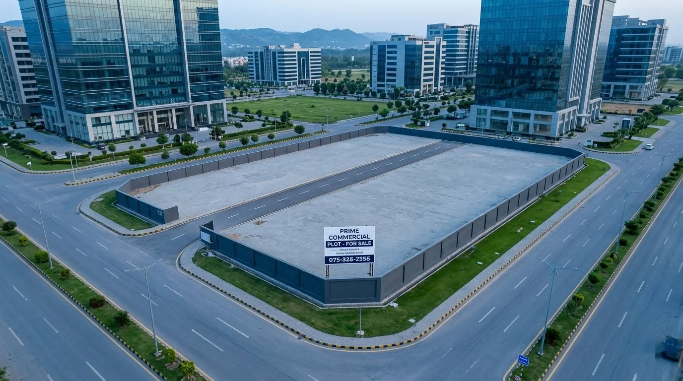 Aerial view of a prime commercial plot for sale surrounded by glass office towers in Islamabad's financial district