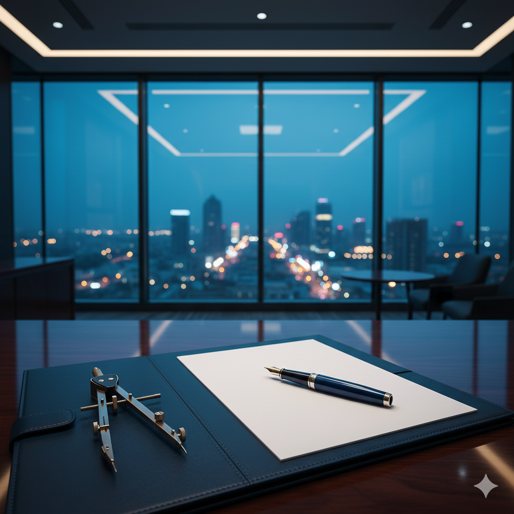 A fountain pen and drafting compass on a leather desk pad in a high-rise office overlooking a glowing city skyline at night.