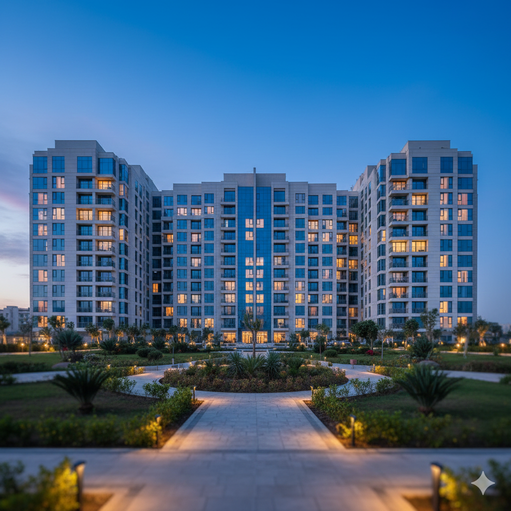 Modern high-rise residential complex with lit balconies and a landscaped courtyard at dusk.