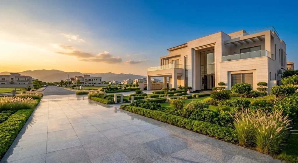 Luxury modern villa with wide stone driveway, manicured gardens, and Margalla Hills backdrop at sunset in an Islamabad gated community
