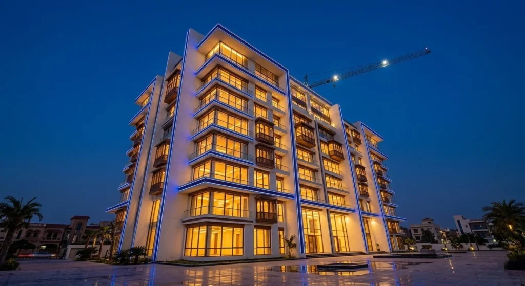 Luxury multi-story residential apartment building with blue accent lighting and warm interiors at night in Pakistan