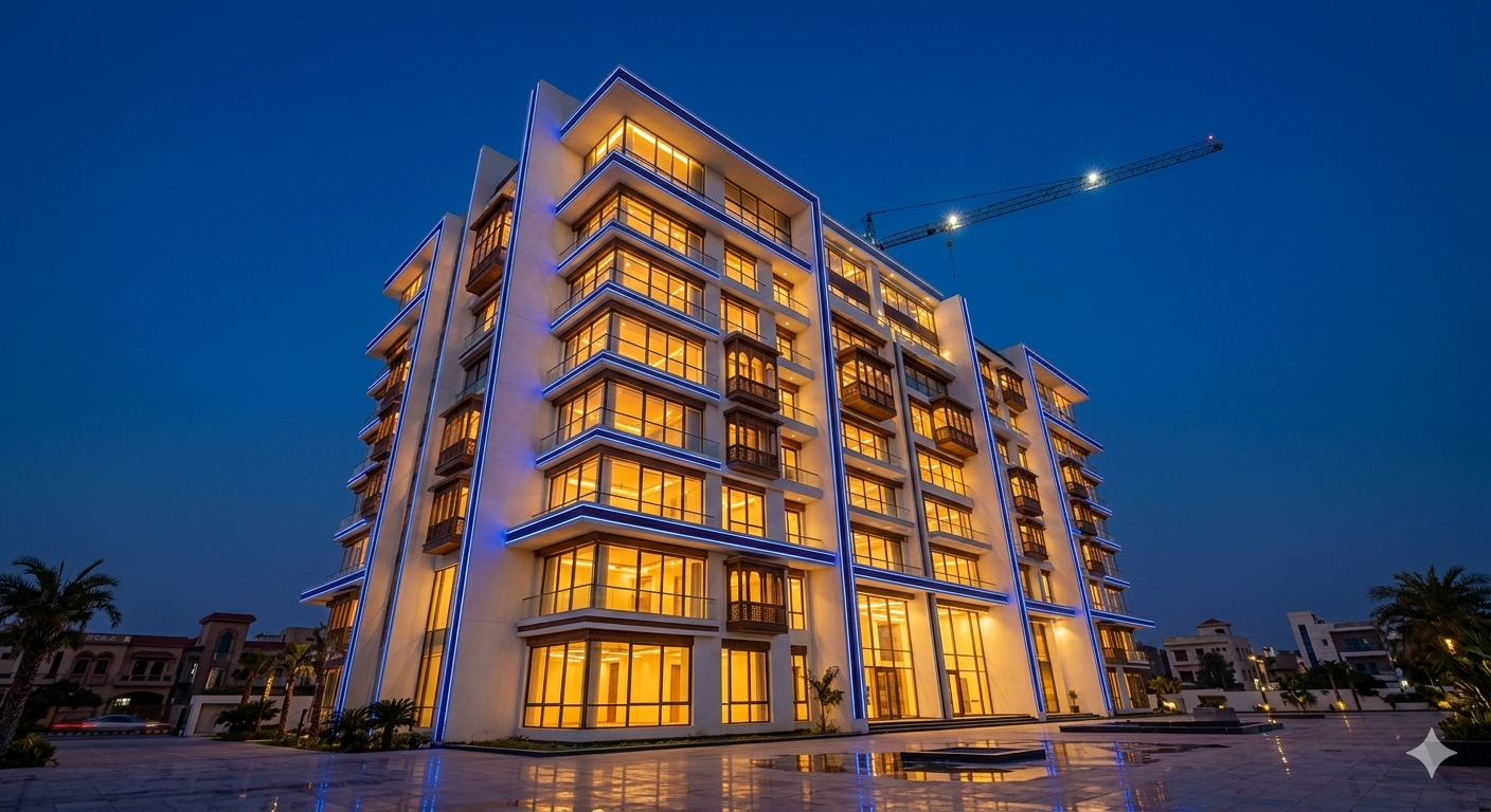 Illuminated multi-storey residential building with blue edge lighting reflected on a wet forecourt at night, with a construction crane in the background.