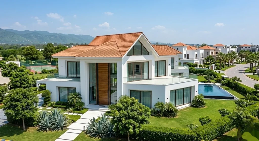 Aerial view of a luxury villa with terracotta roof, private pool, tennis court, and lush gardens in a gated community with Margalla Hills in the background