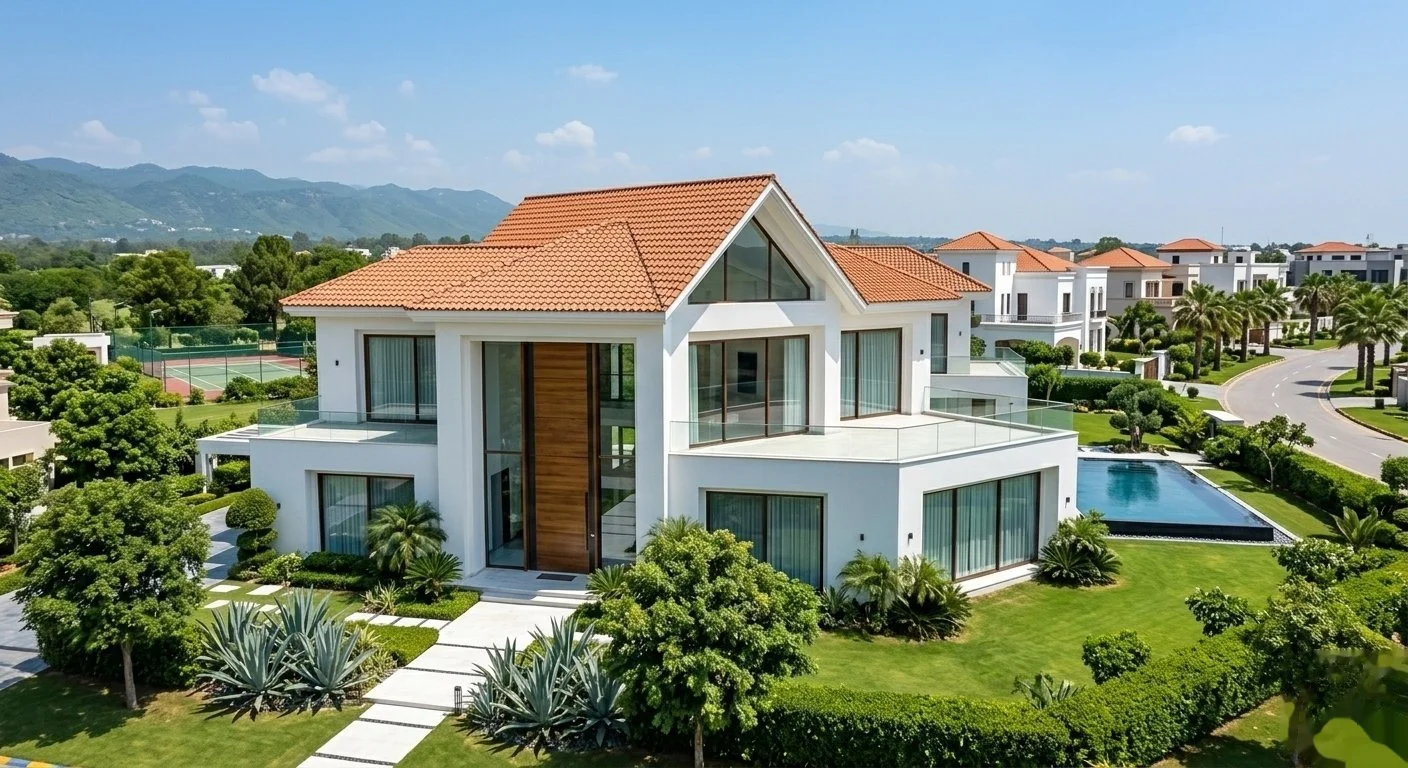 Aerial view of a luxury villa with terracotta roof, private pool, tennis court, and lush gardens in a gated community with Margalla Hills in the background