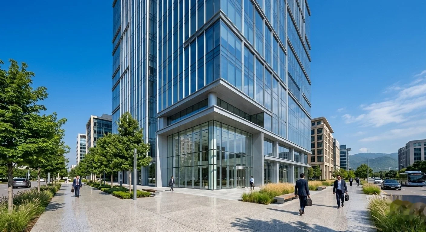 Modern glass commercial office tower with landscaped plaza and mountain views in Islamabad's business district