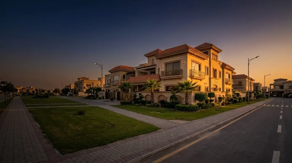Mediterranean-style residential villas along a wide tree-lined street at sunset in a gated housing society in Rawalpindi or Islamabad