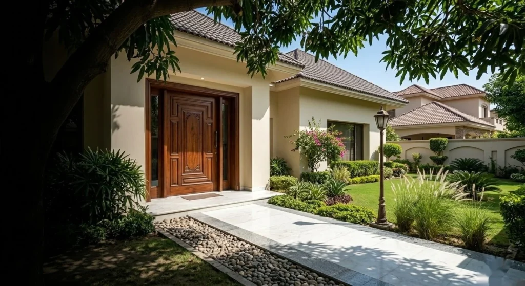 Elegant villa entrance with carved wooden door, marble pathway, and lush landscaped garden in a gated community in Pakistan