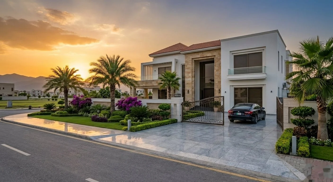 Luxury villa with stone cladding, palm trees, and landscaped front garden at sunset in an Islamabad or Rawalpindi housing society