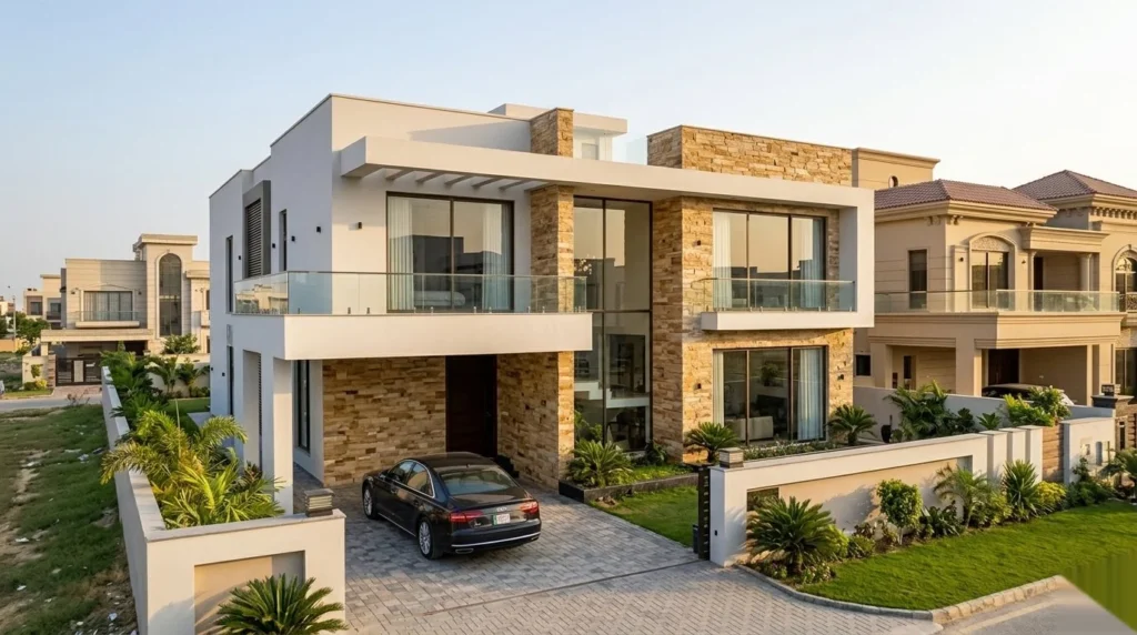 Modern residential house with stone cladding, glass balconies, and private driveway in a Rawalpindi or Islamabad housing society