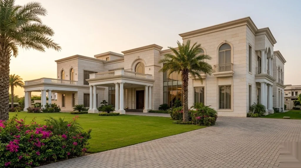Luxury residential villa with marble facade, palm trees, and manicured gardens in a gated community in Pakistan