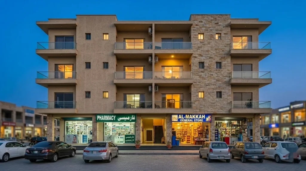 Mixed-use commercial building with ground floor retail shops and residential apartments in Islamabad